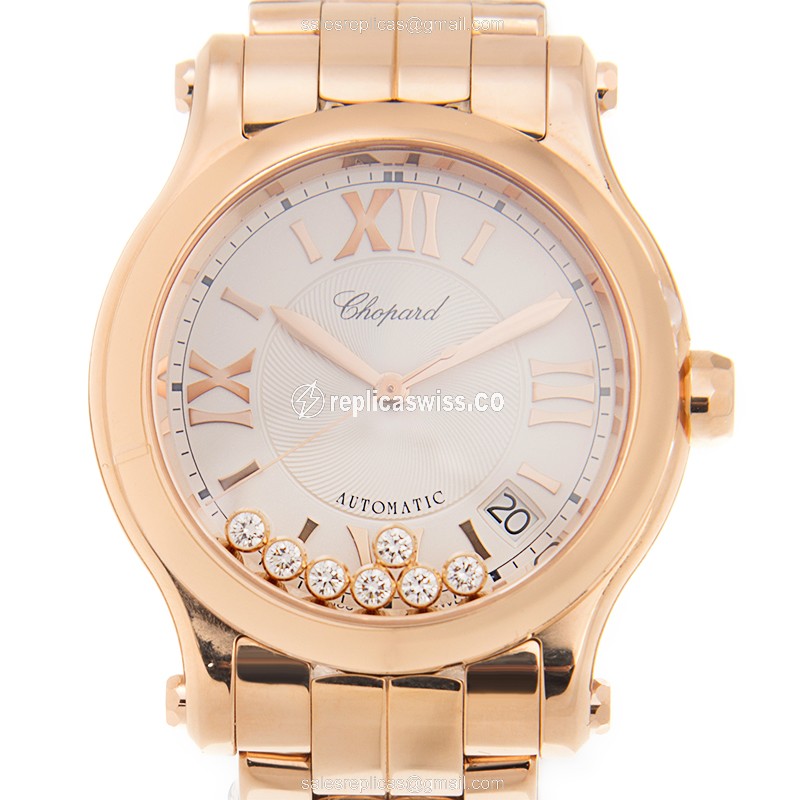 Chopard Happy Sport Replica - Automatic - 18kt Rose Gold - Silver Dial - Gold Strap